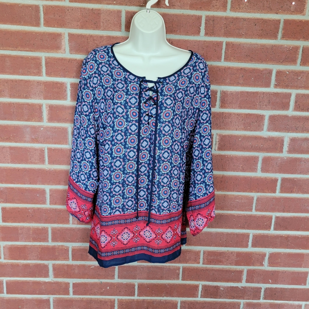 Zac & Rachel 2X Blue Red Boho Border Print Lace-Up Tunic Blouse Top. #420